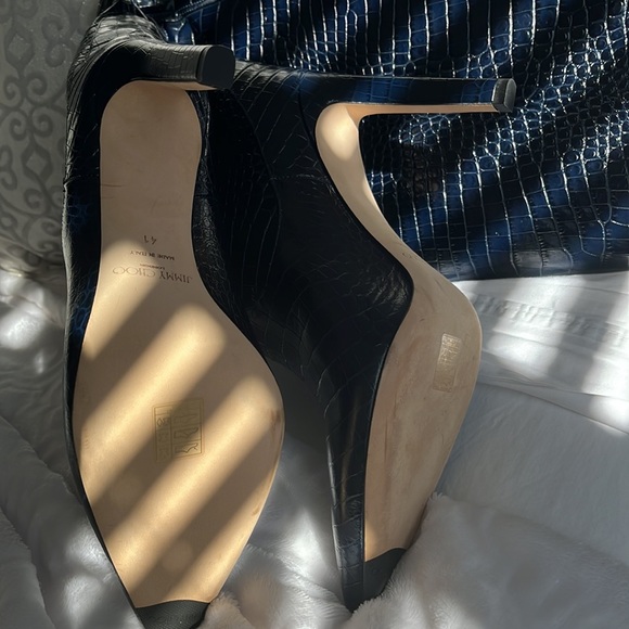 New Jimmy Choo Blue Mavis 100 Navy Croc Embossed Leather Knee High Boots - Picture 7 of 8